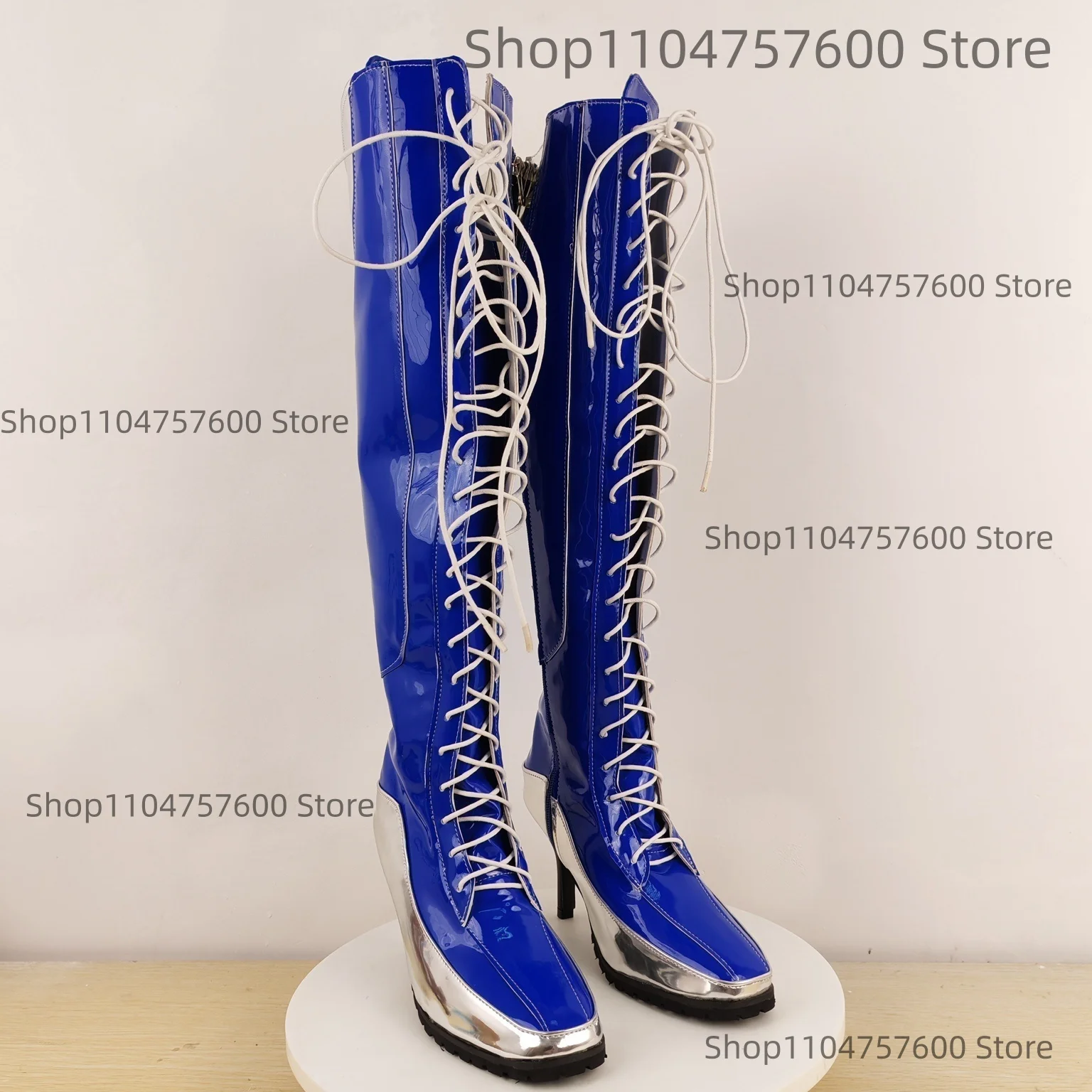 Women's Blue Patent Leather Knee High Boots White Lace Up Detail Silver Toe Cap High Heel Parties Cosplay Events Striking Botas