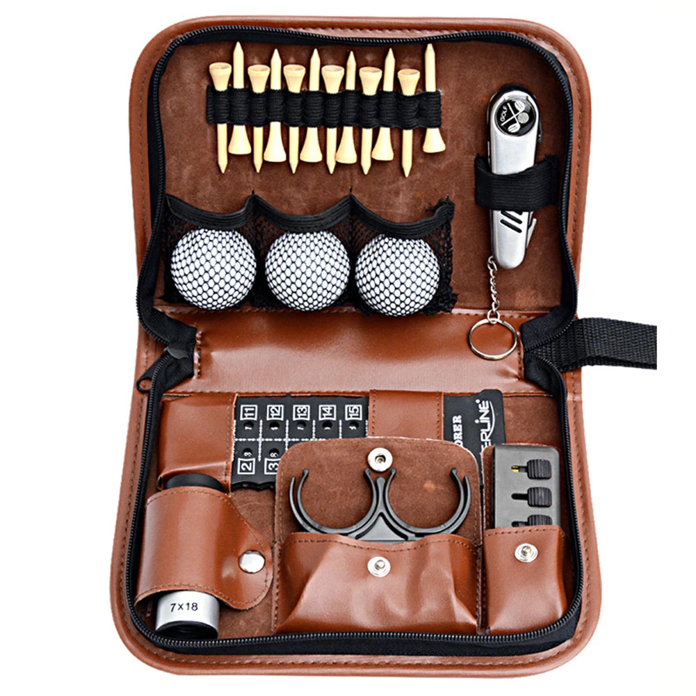 

Golf Supplies Multi-Function Kit Downfield Accessories Leather Bag Scorer Range Finder Ball Clip Knife Pin Brush