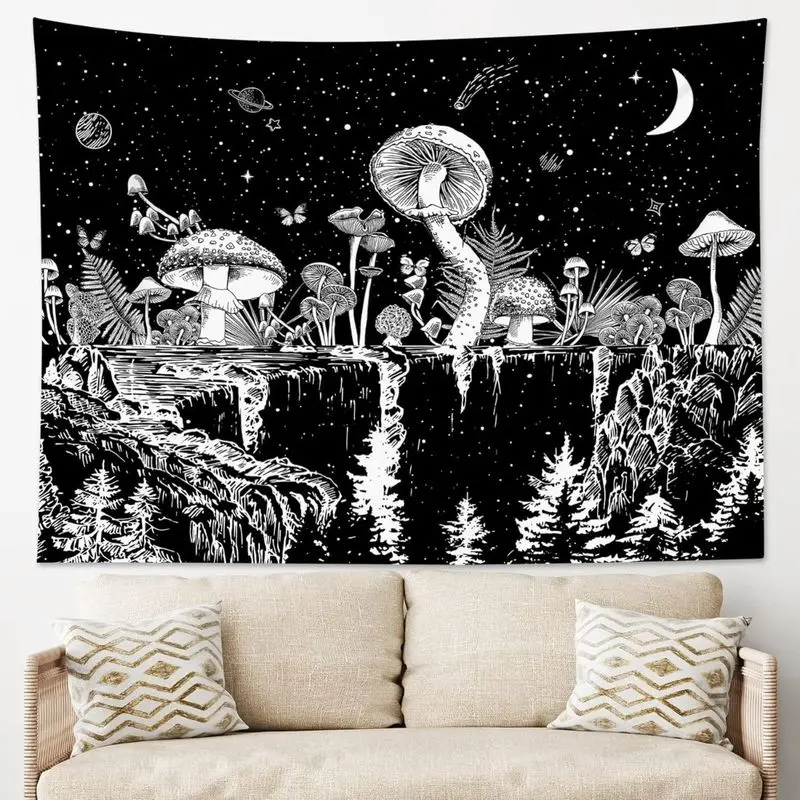 VIKAMA Black White Starry Sky Crescent Fantasy Mushroom Forest Tapestry, Psychedelic Wall Art for Bedroom Decor
