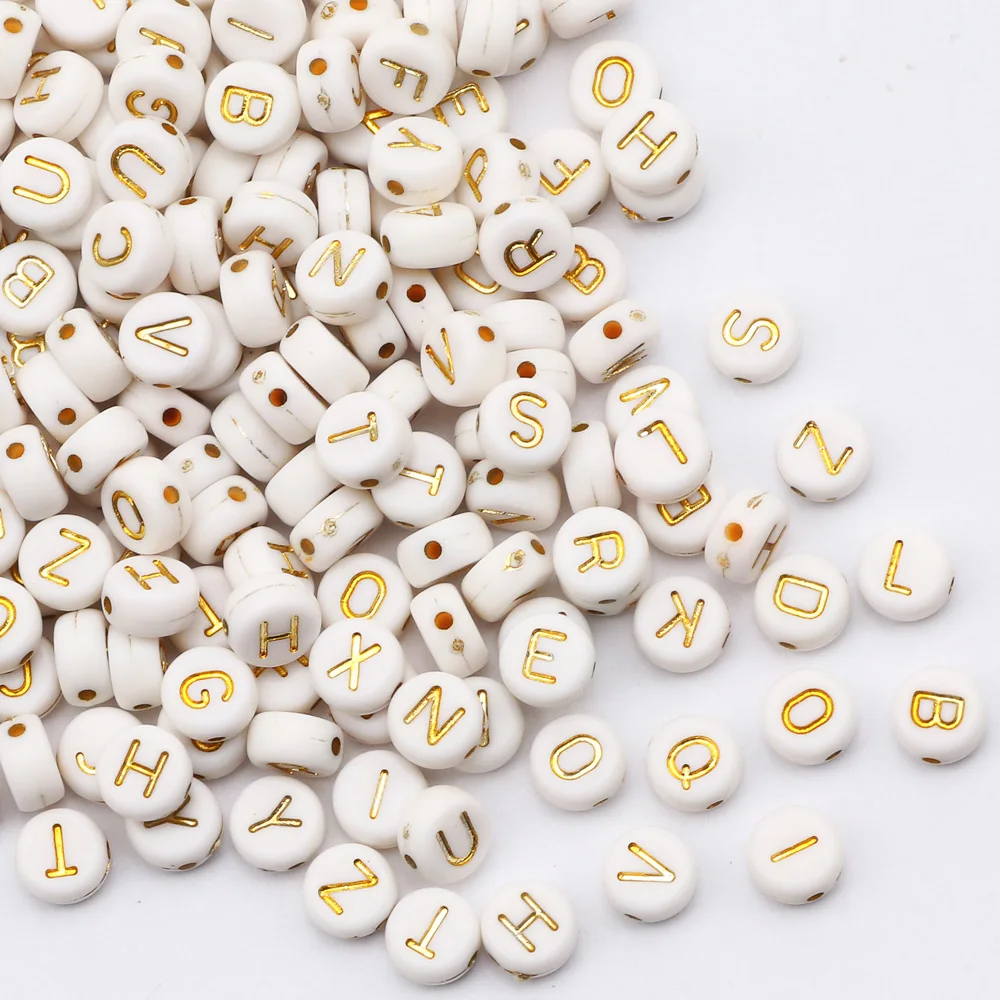 Gold Color Single Letters Beads White Flat Round Alphabet Acrylic Spacer Beads For Jewelry Making Bracelet Key Chain Accessories