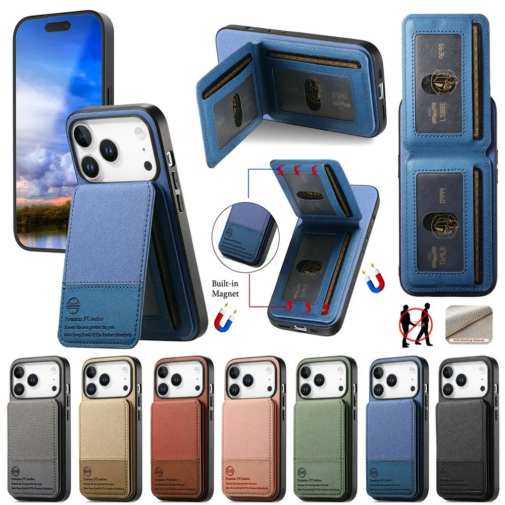 RFID-blockierende Leder-Handyhülle mit Kartenrückseite für iPhone 17, Luftabdeckung, iPhone 17, 16E, 15, 14, 13, 12, 11 Pro Max, Schutzhülle