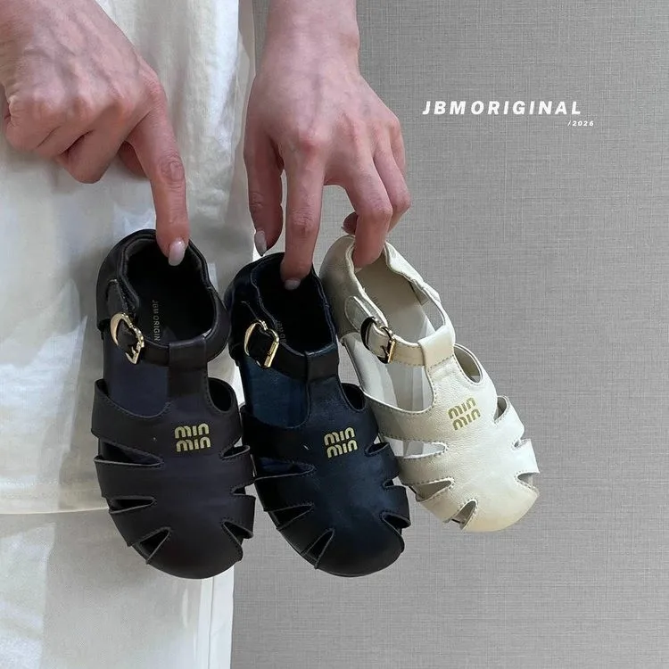 2026 ONG Genuine Leather Hollow Out Flat Roman Sandals Versatile Casual Cage Oes Mid Heel Round Toe Summer Faion Women's Oes
