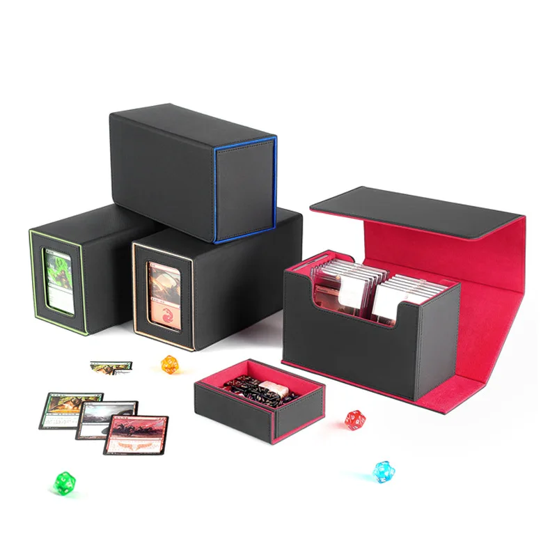 Multi Functional PU Card Storage Box Magnetic Closure with Display Window & Removable Dice Compartment for Hard Card Slabs