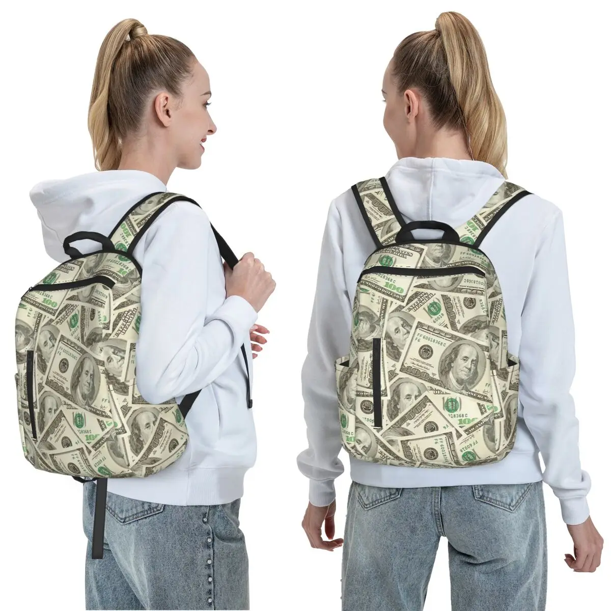 US Dollar Banknotes Backpack Daypack Large Capacity Boys Girls BookBag School Bag Shoulder Bags for Men Women