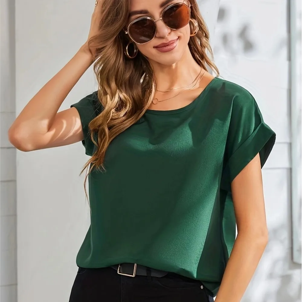 Summer And Autumn 2024 New Women\'s Short Sleeved Satin Shirt Loose Casual Round Neck Tintin T-shirt Set Solid Color Women\'s Wear