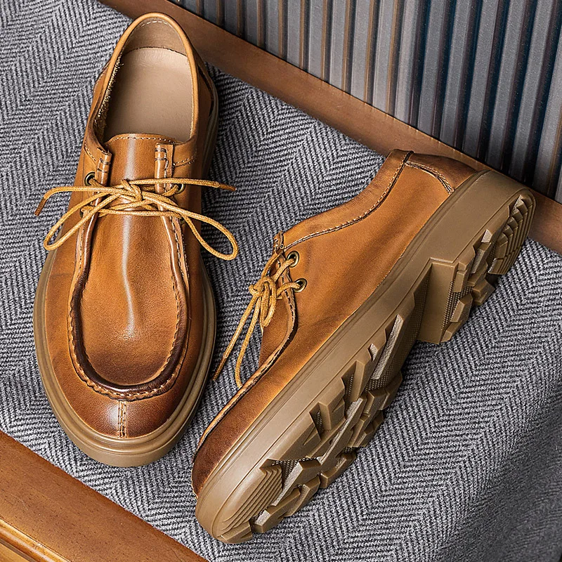 New Genuine Leather Casual Lace Up Shoes Men Spring Autumn Business Casual Dress Office Derby Leather Shoes Male Brown Black