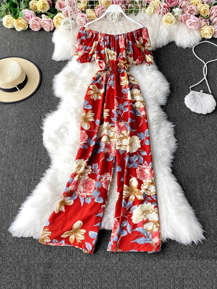 

Summer Wide Leg Casual Jumpsuit for Women's Fashion Floral Off Shoulder High Waist Slimming Short Sleeved Jumpsuit 02