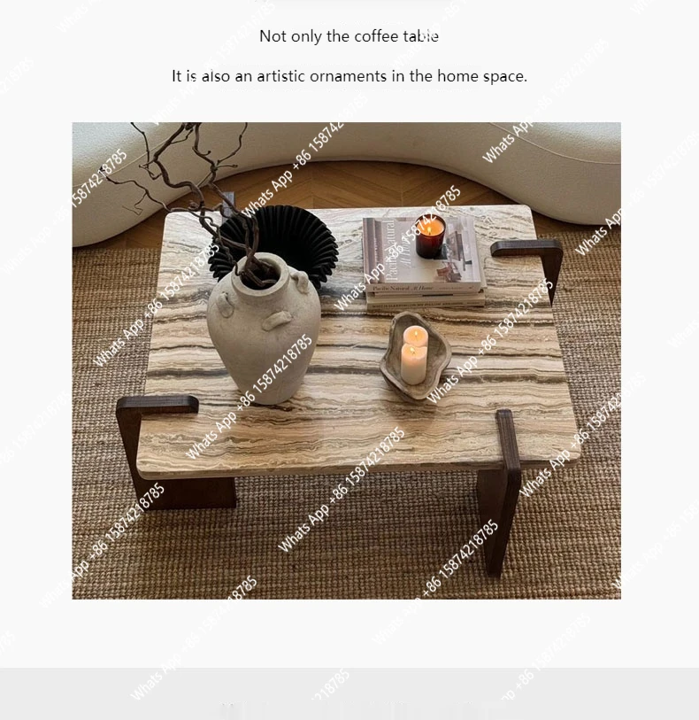 French Wabi-Sabi Travertine Table, Mid-Century Cream Coffee Table, Heat & Scratch Resistant, Natural Veining, Customizable