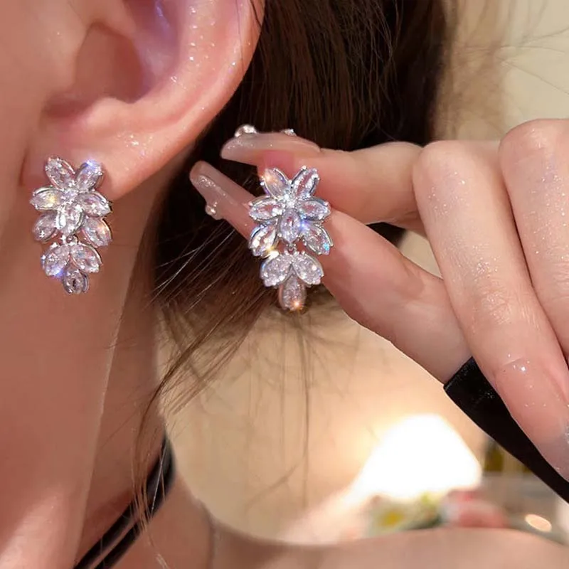 أقراط كورية من الكريستال على شكل زهرة للنساء ، زركون لامع ، هندسية ، مزاجية ، مجوهرات حفلات الزفاف ، أزياء أنيقة #2