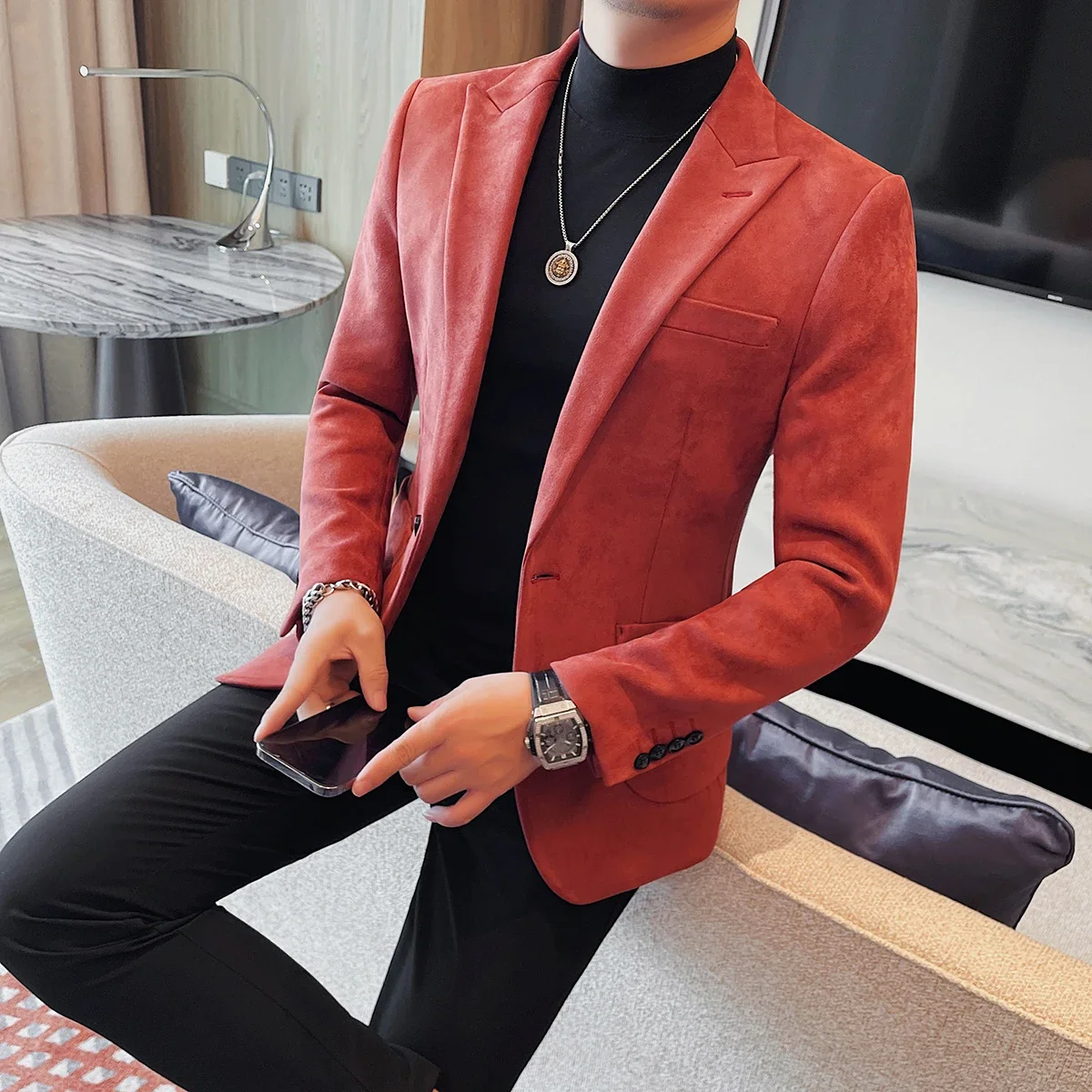 Classics Autumn Winter Suede Suit Jackets Fashion New Solid Slim Fit Business Office Social Blazer Wedding Top Mens Clothing 4XL