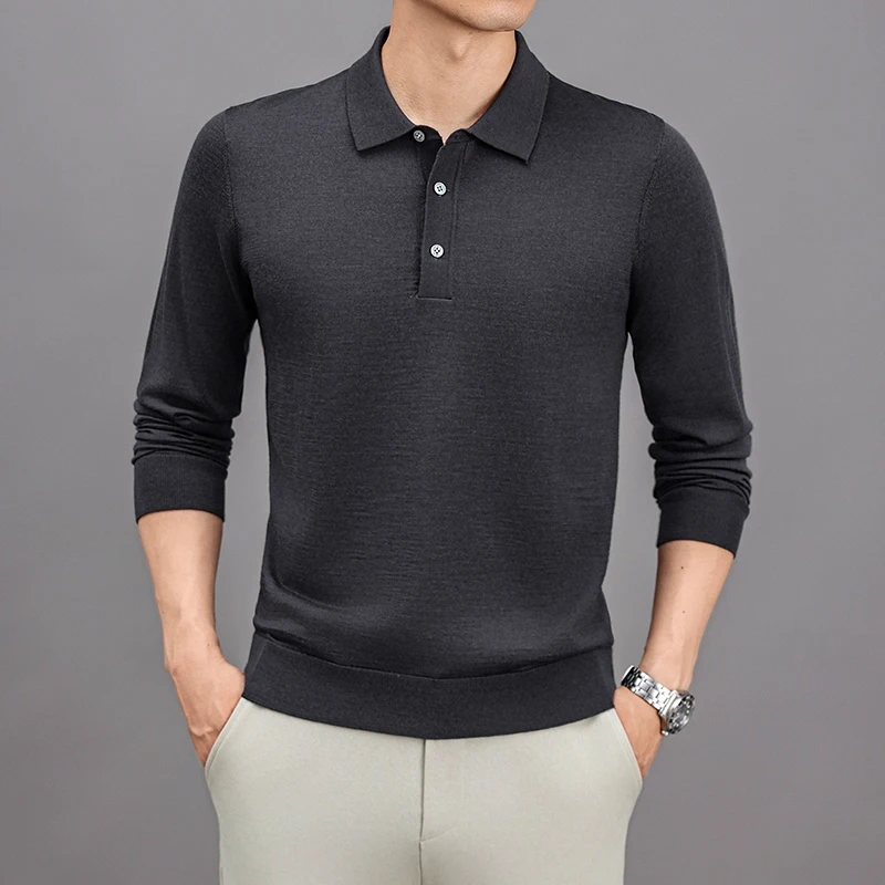 

100% Merino Wool Polos for Men Autumn Spring Classic Turn Down Collar Knitwear Long Sleeve Superfine Wool Tops Pullover Clothes