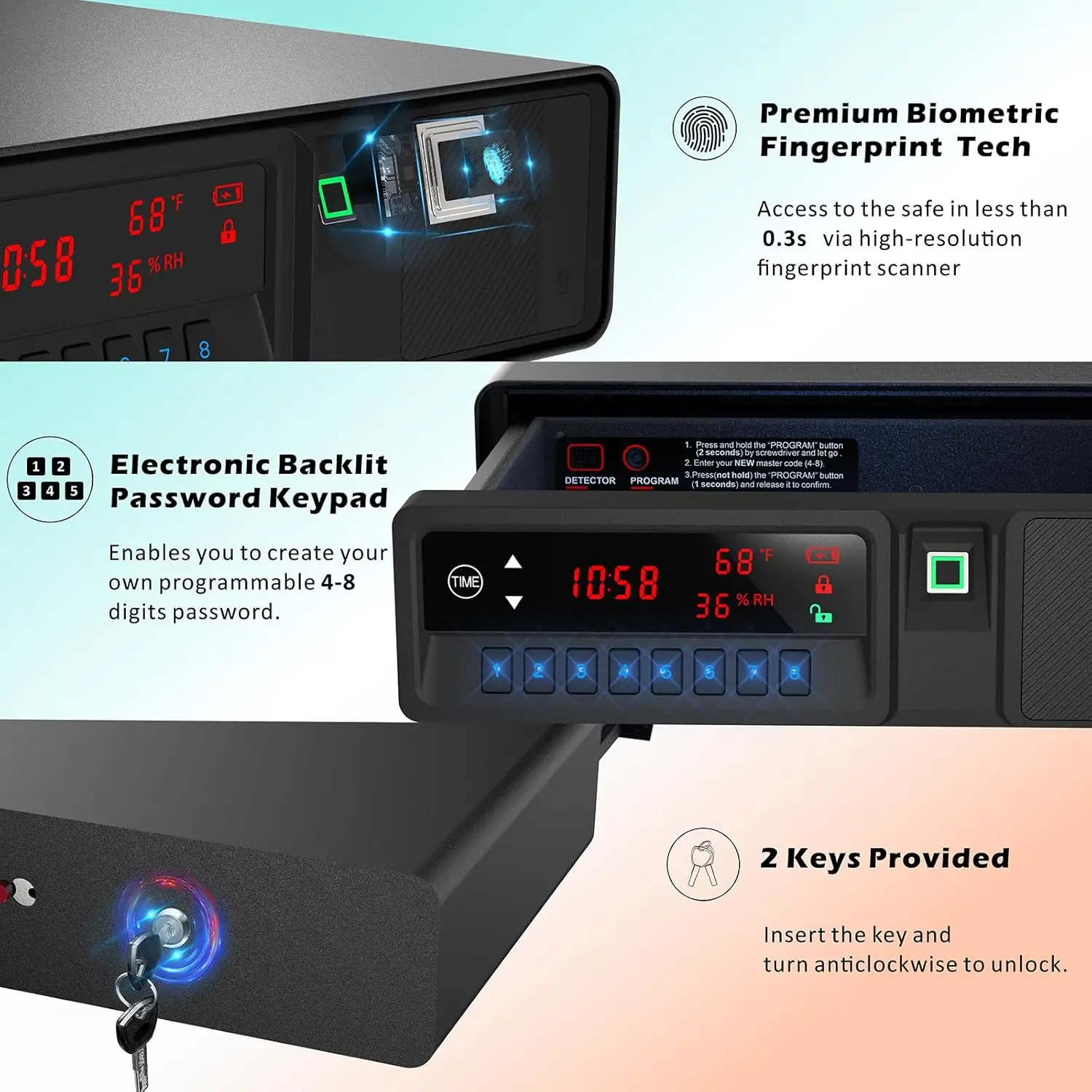 Slide-Away Pistol Handgun Quick Access Gun Drawer Safe with LCD Display of Temp,Humidity,Time,Low Battery Warning,Unlock State f