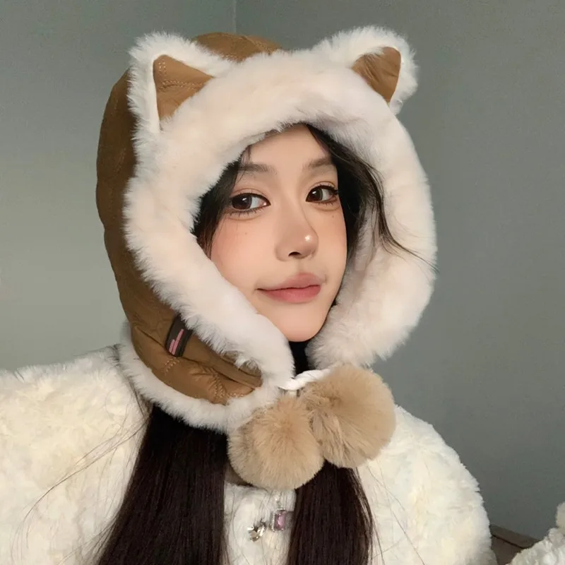 

Cozy Plush Bear Ear Beanie for Women - Warm, Stretchy Winter Hat with Ear Flaps, Perfect for Christmas & Outdoor Activities