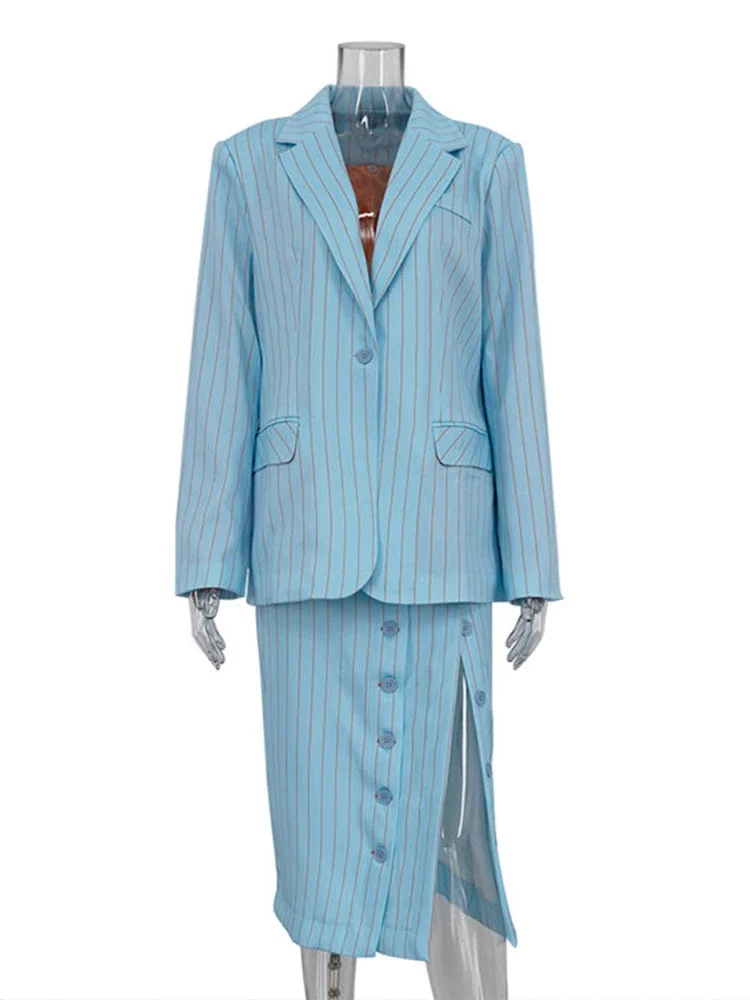 

Elegant Striped Contrast Blazer Suit Long Sleeve Lapel Pocket Blazers Buttons Side Split Midi Skirts Casual Lady Outfit