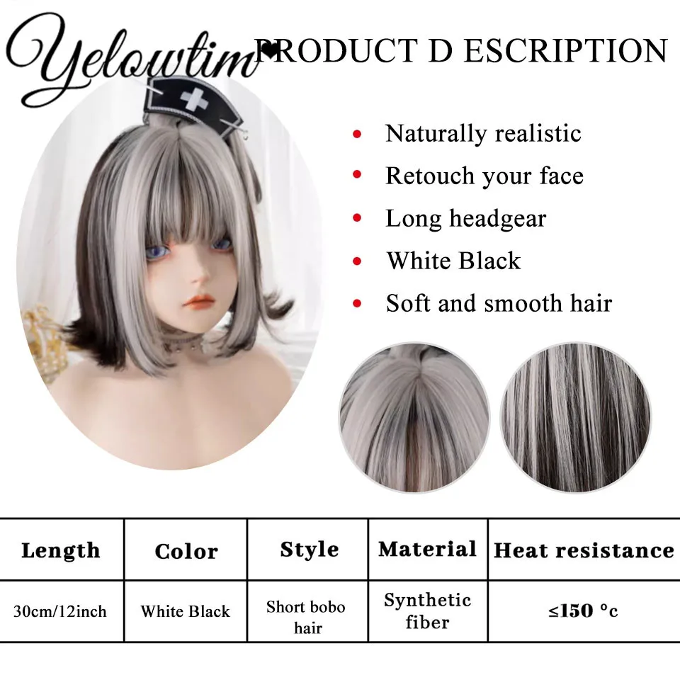 Synthetic Lolita Wig Women's Short Bob black white Hair Lolita Cute JK Spot Dyed Short Curly Hair Wigs For Women heat-resistan