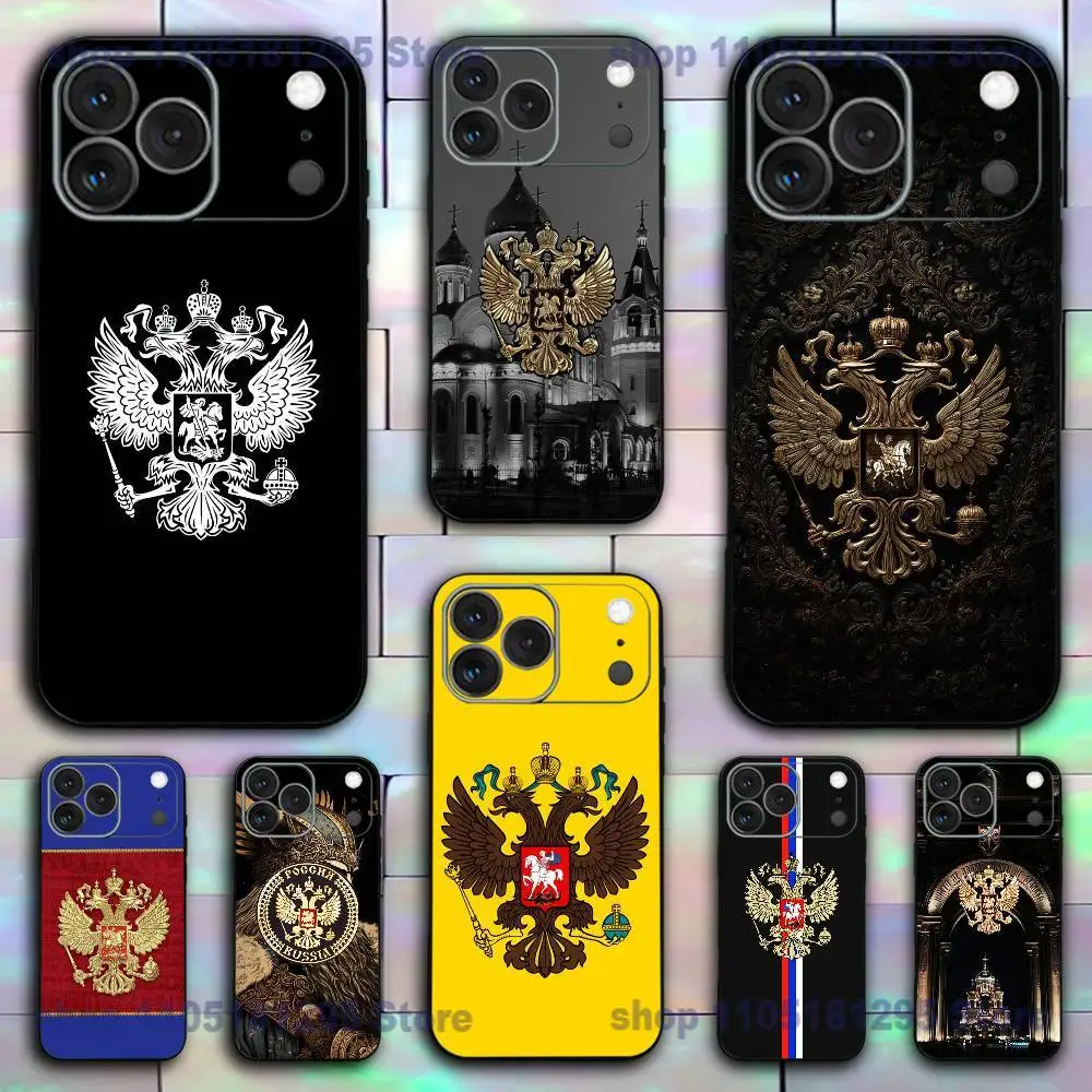 Nationalemblem mit russischer Flagge für iPhone 17,16,15,14,13,12,11,Pro,X,XS,Max,XR,Plus,Mini-Silikon-Handyhülle, schwarz, stoßfestes TPU