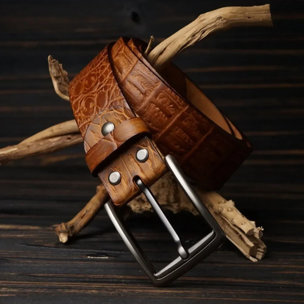 Mens Cowhide Genuine Leather Belt with Exquisite Crocodile Embossing and Alloy Buckle 38mm Width