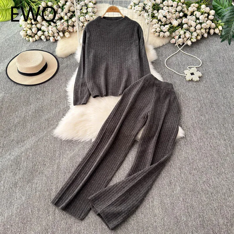 

EWQ Simplicity Solid Knitted 2 Piece Set Women Casual Stand Collar Pullover Top＋High Waist Loose Pant 2024 Autumn New 27X1176