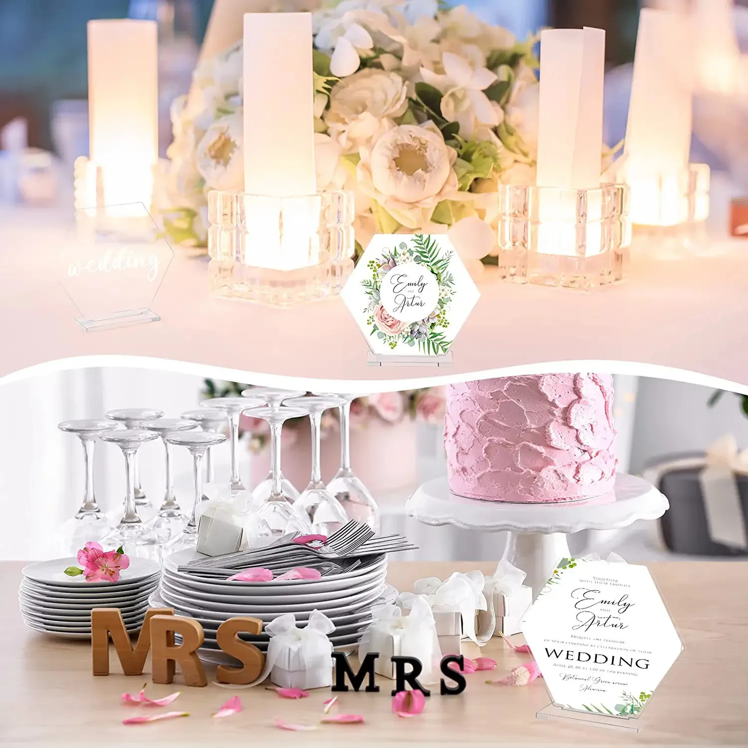 18 Pcs Clear Acrylic Place Cards Wedding Blank Hexagon Tiles Seating Cards Handwritten Name Plate DIY Table Numbers Card