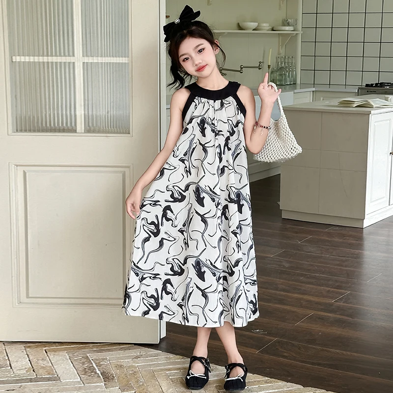 Summer New Style Ink Painting Hanging Neck Holiday Style Dress 2025 Children's Princess Dress Painted Dress Party