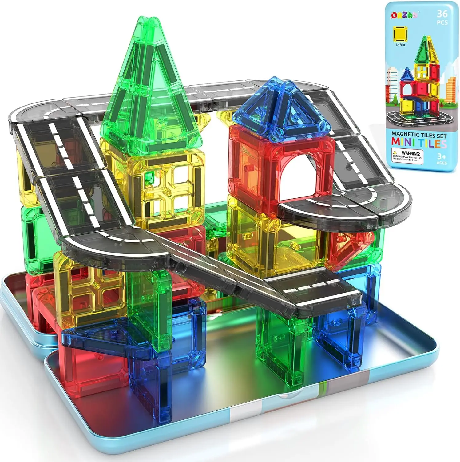 

Magnetic Tiles Road Set with Case, Travel Toys for Toddlers, Building Blocks Sensory Learning Gifts