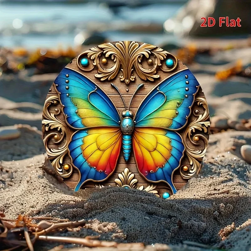 Hd Tin-Made Rainbow Gradient Butterfly 2D Flat Luxurious Wood Grain Style Wall Decoration, Suitable for Home and Garden
