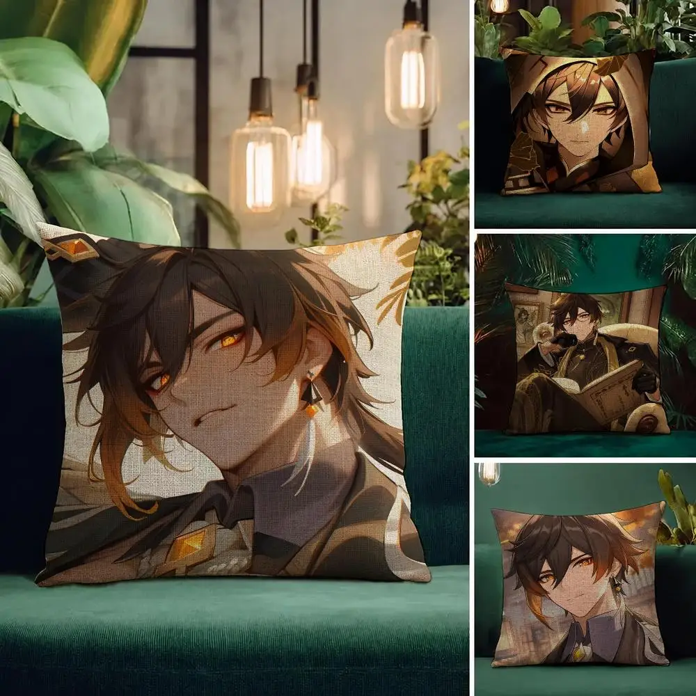 Game Genshin Impact Zhongli Cushion Cover Natural Linen Pillowcase Set Cushion Cover for Sofa Bedroom Chair