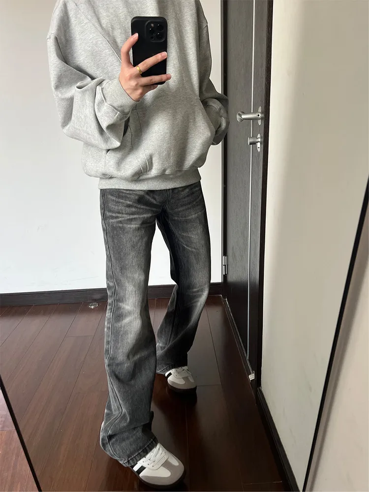 Vintage Washed Black Grey Wave  Jeans Men Loose Micro Flared Straight Leg Long Trousers American High Street Style