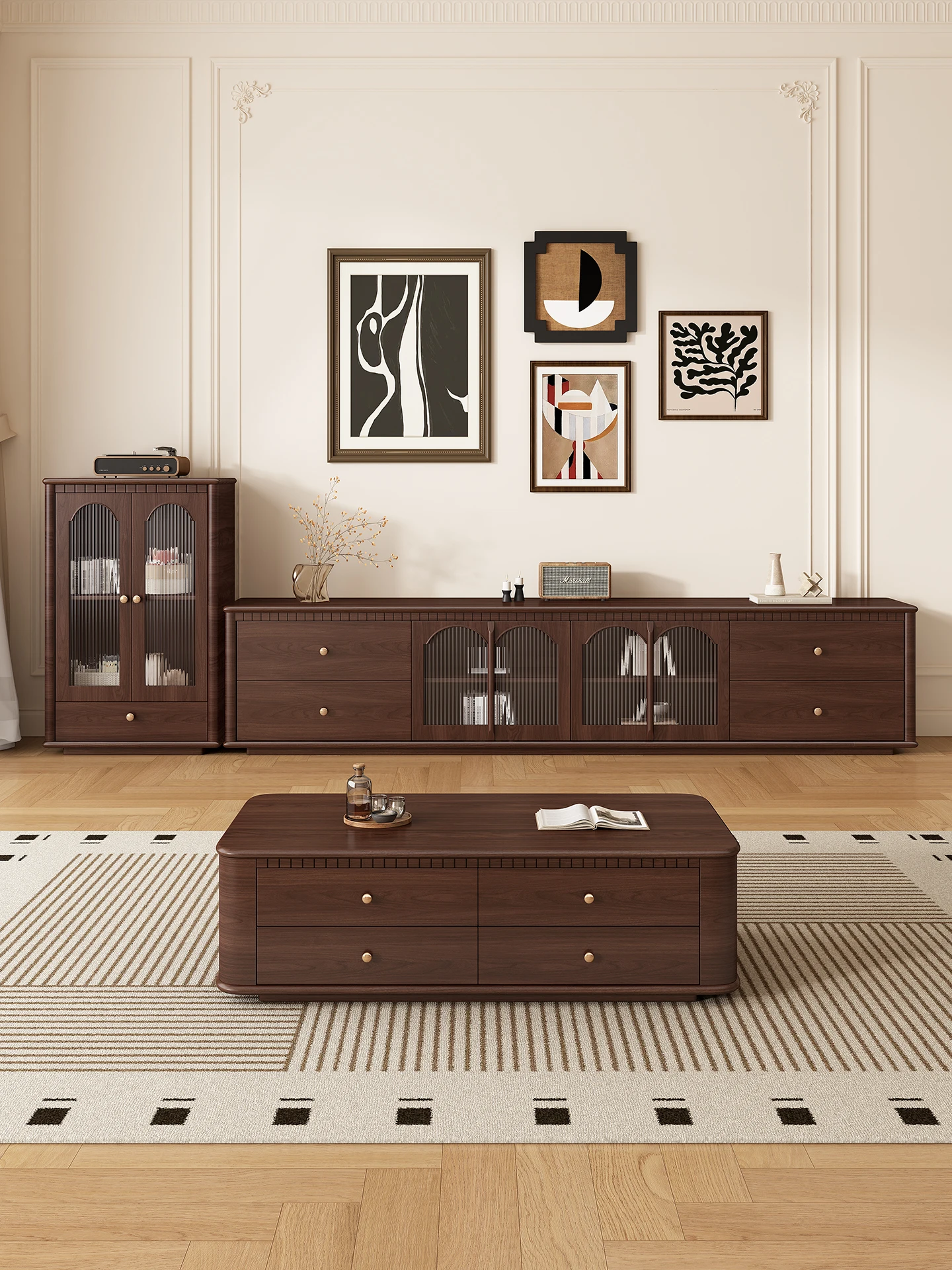 LMM French retro pure solid wood floor TV cabinet living room home storage locker