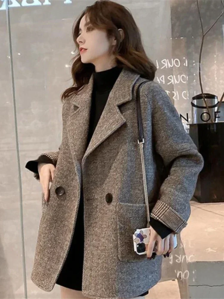 Blazers 2024 Autumn Winter New Turn-down Collar Wool & Blends Coats Korean Fashion Solid Tweed Jacket Fashion Simplicity Coats