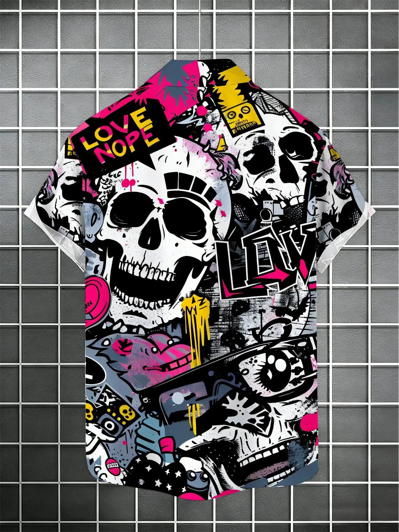 Unisex Loose Button Down Shirt Street Art Skull Graffiti Splash Graphic Print Camp Collar Short Sleeve Outdoor Leisure Tops