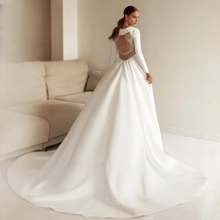 Abiti da sposa senza schienale A-line maniche lunghe in raso con perline Abito da sposa arabo Dubai islamico Vestido De Noiva personalizzato