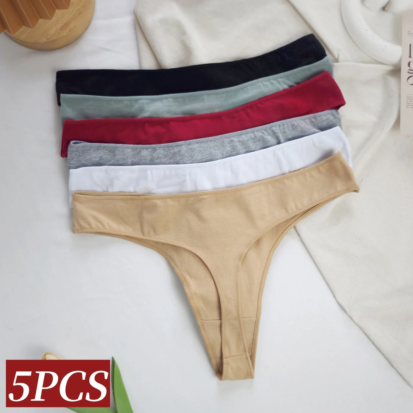 5Pcs/Set Women Cotton Thongs Panties Female Low Rise Panties Solid Color G-String Female Underpants 