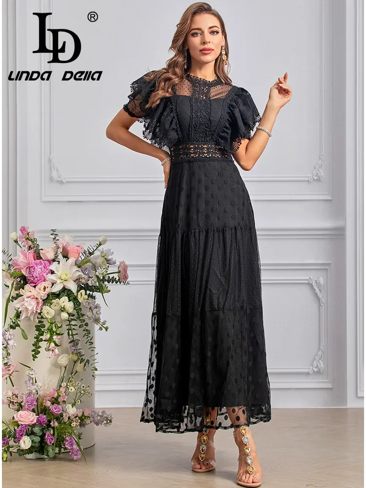 LD LINDA DELLA Fashion Designer Summer Dresses Women\'s Vintage Polka Dot Print Embroidery Lace Hollow Out Net Yarn Dresses