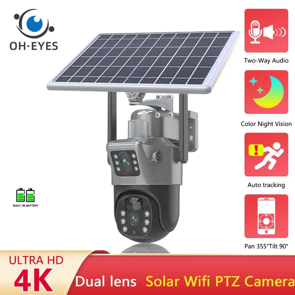 4K 8MP Solar Wireless IP Camera with 10800 MAh Battery Outdoor HD Dual Lens WiFi PTZ Camera Solar Panel CCTV Security Camera