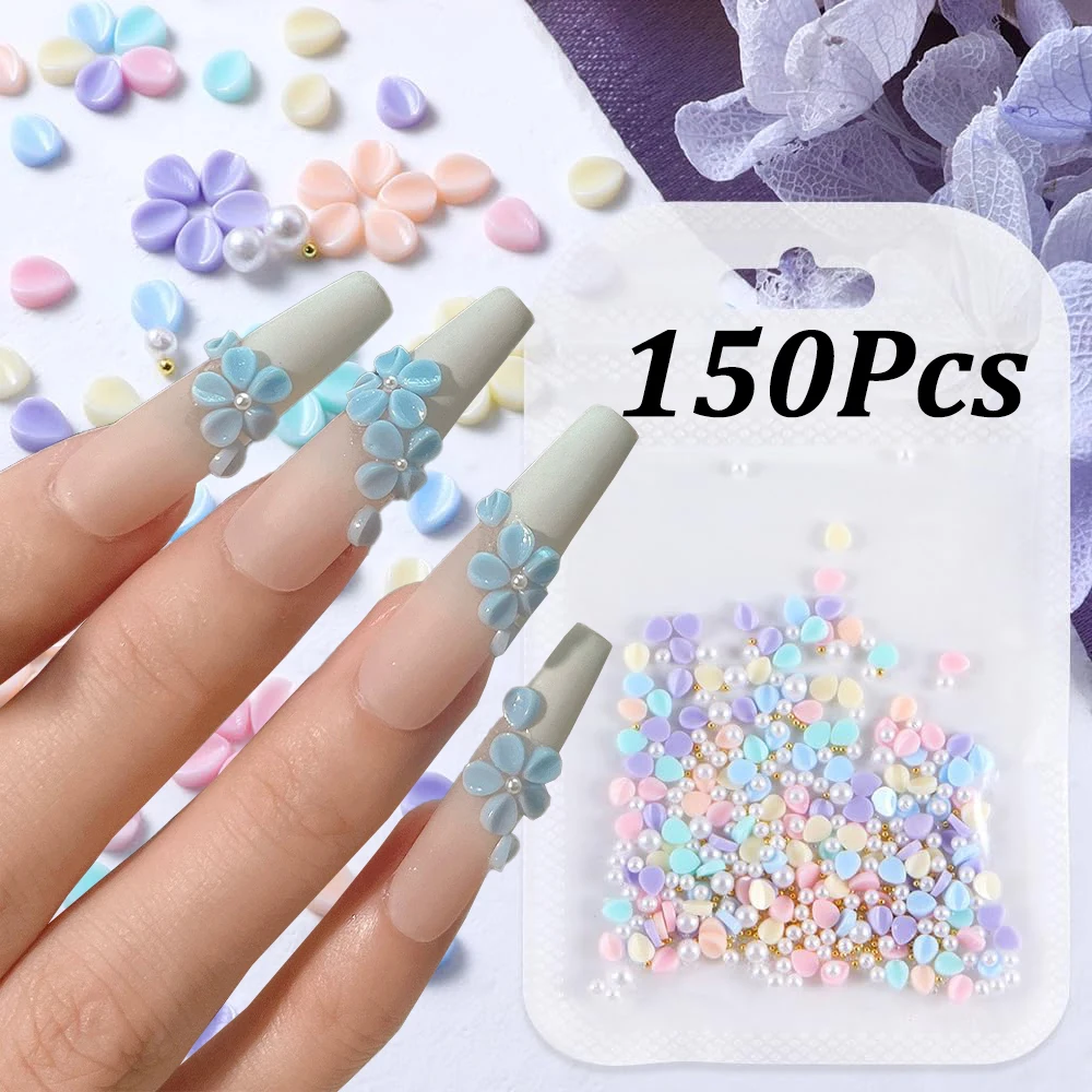 

150pcs 3D Mini Colorful Carving Petals Nail Charms Imitation Carved Resin Flowers with Pearl Caviar Beads Nail Parts Mixed Decor
