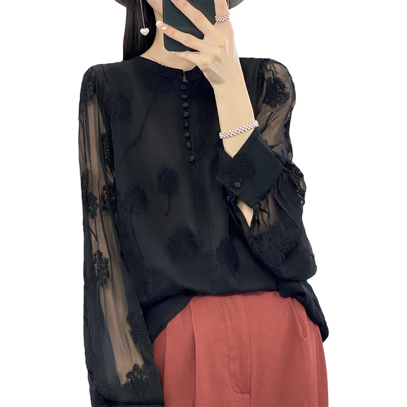 Primavera novedad de verano Sle mujer gasa irt ahueca hacia fuera bordado redondo Ne suelto ajuste Vintage chino Sle Me Top