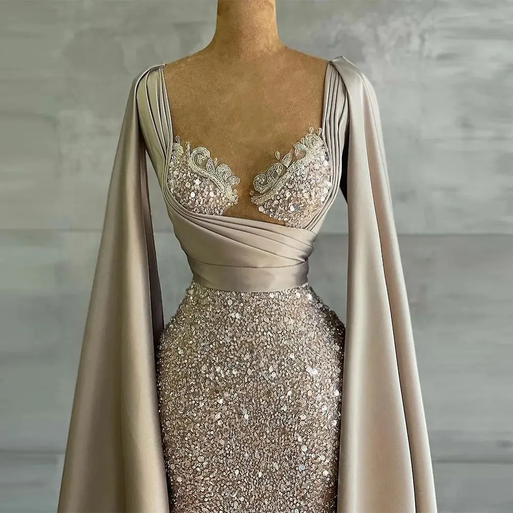 Arabic Glitter Sequined Evening Dresses with Cape Ruched Lace Appliques Sweetheart Prom Gown Formal Party Women Red Carpet Dress