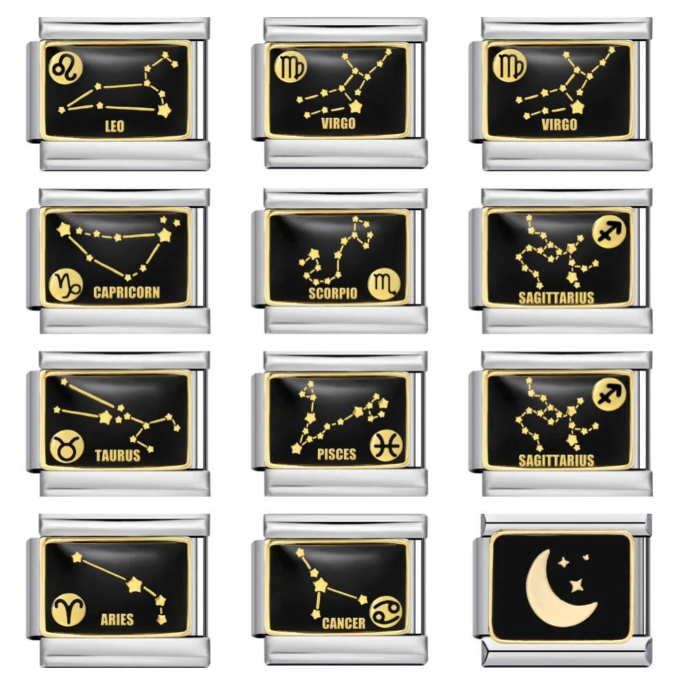 روابط إيطالية بتصميم أبراج فلكية سوداء تناسب مجوهرات الفولاذ المقاوم للصدأ 9 مم لصنع الأساور يدويًا للنساء والرجال