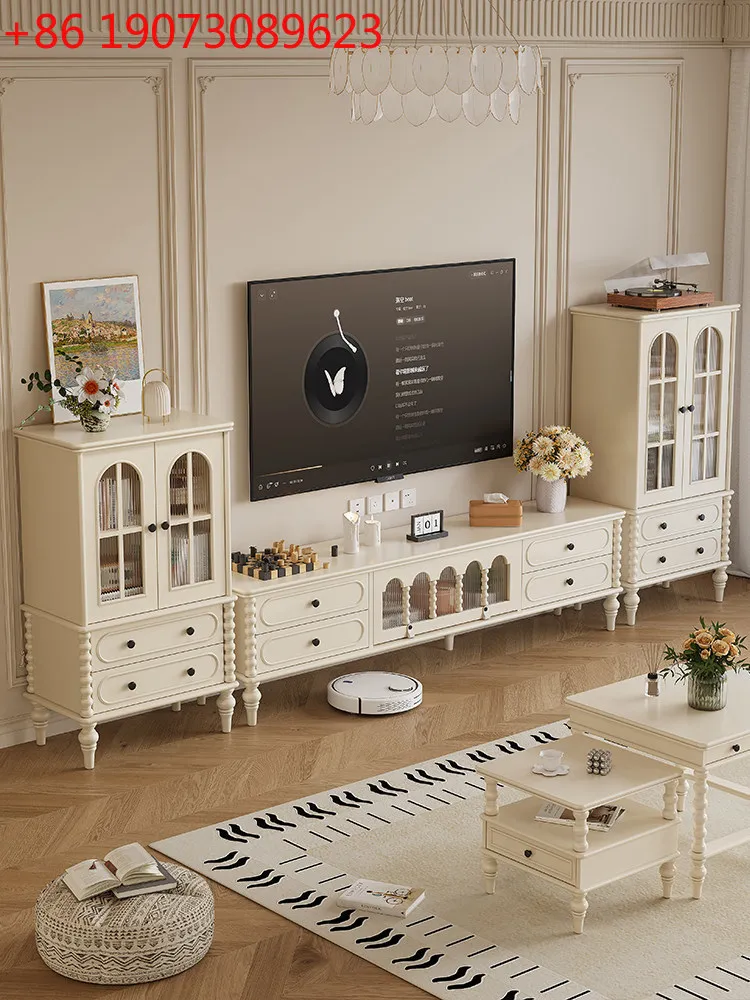 

French cream wind all solid wood TV cabinet living room wall storage cabinet square retractable coffee table