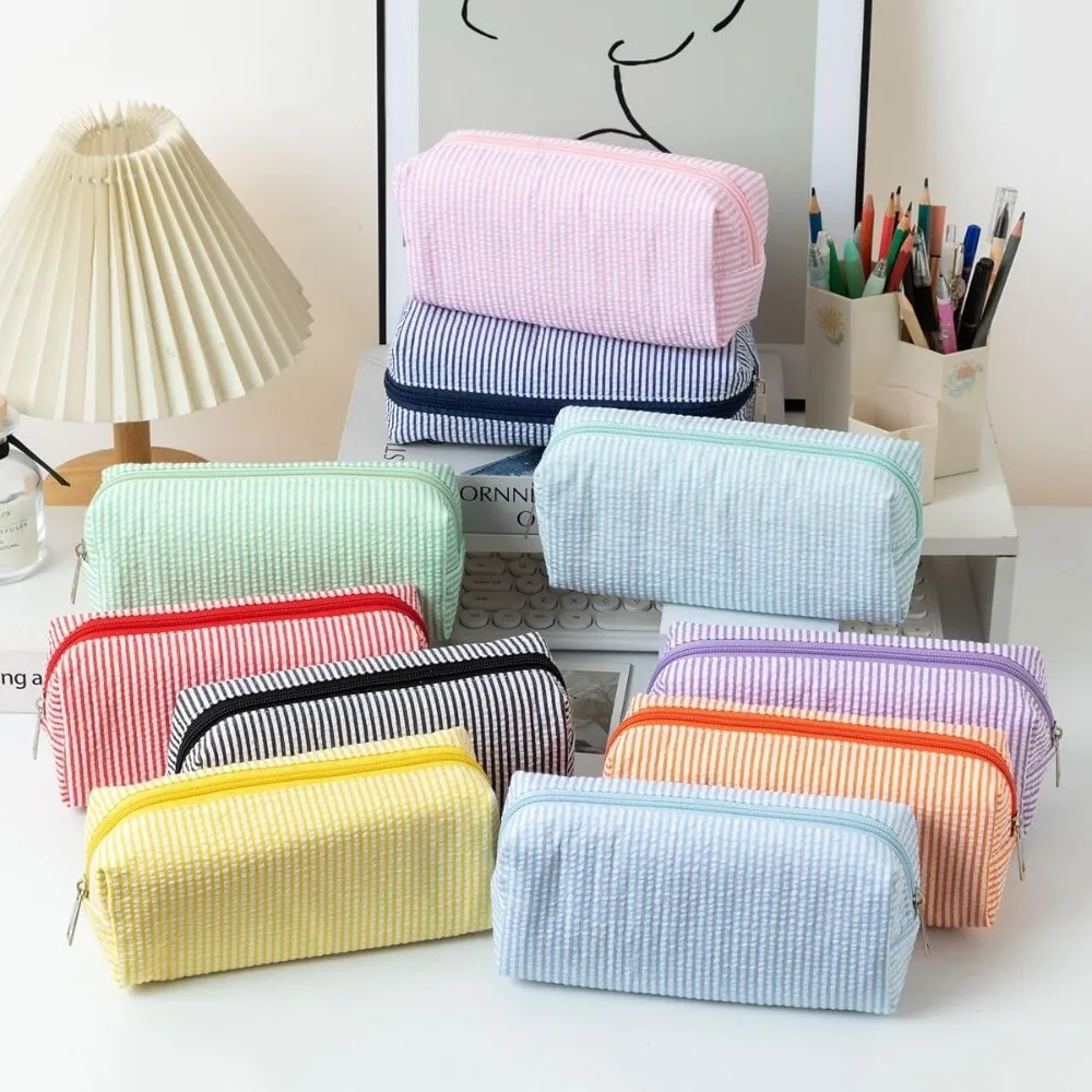 New Stripe Pattern Pen Pouch Large Capacity Multi-Purpose Pen Bag Zipper Closure Durable Makeup Pouch Home Storage