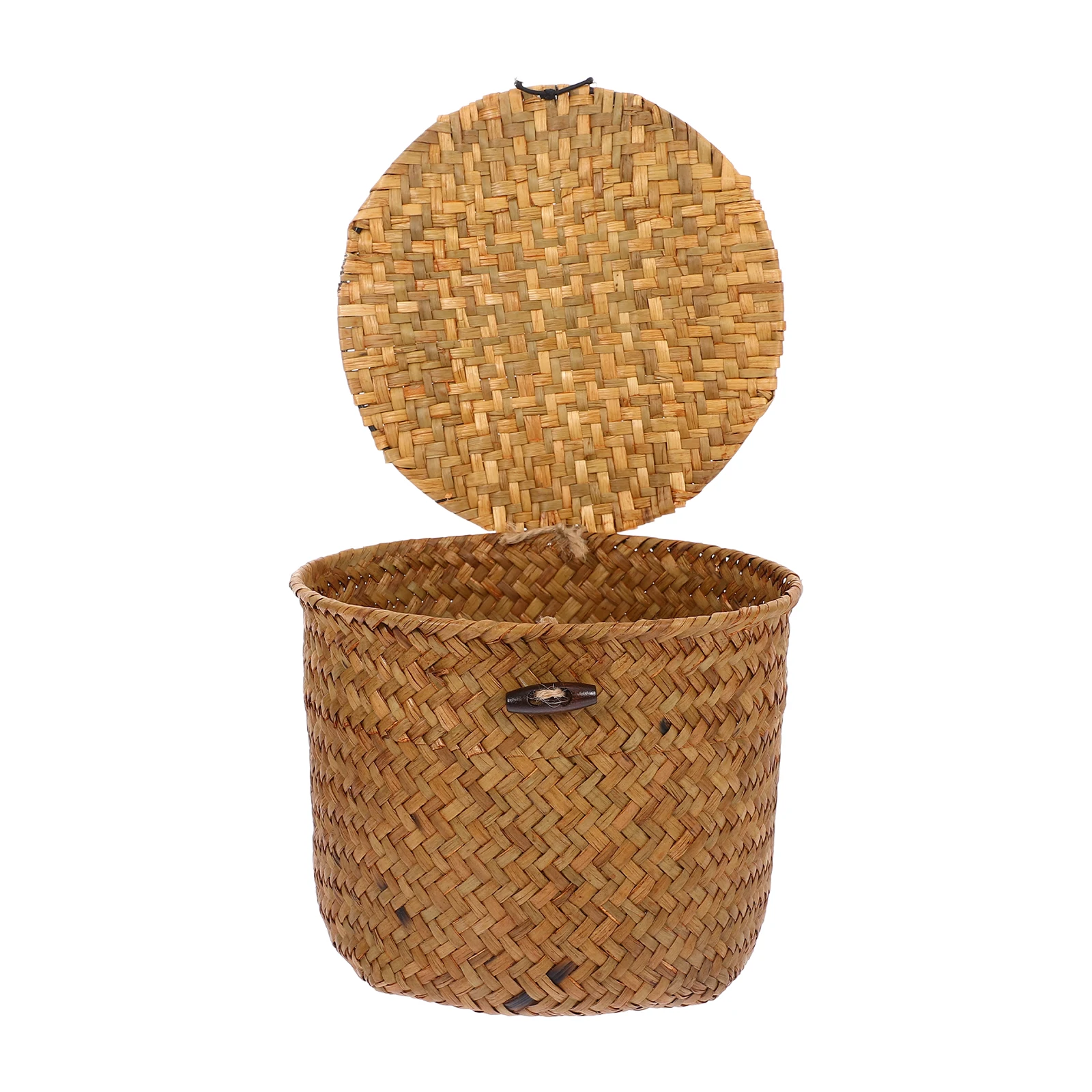 

Small Woven Storage Basket With Lid Decorative Organizer For Shelves Home Office Desk Seagrass Bin Sundries Candy Snack