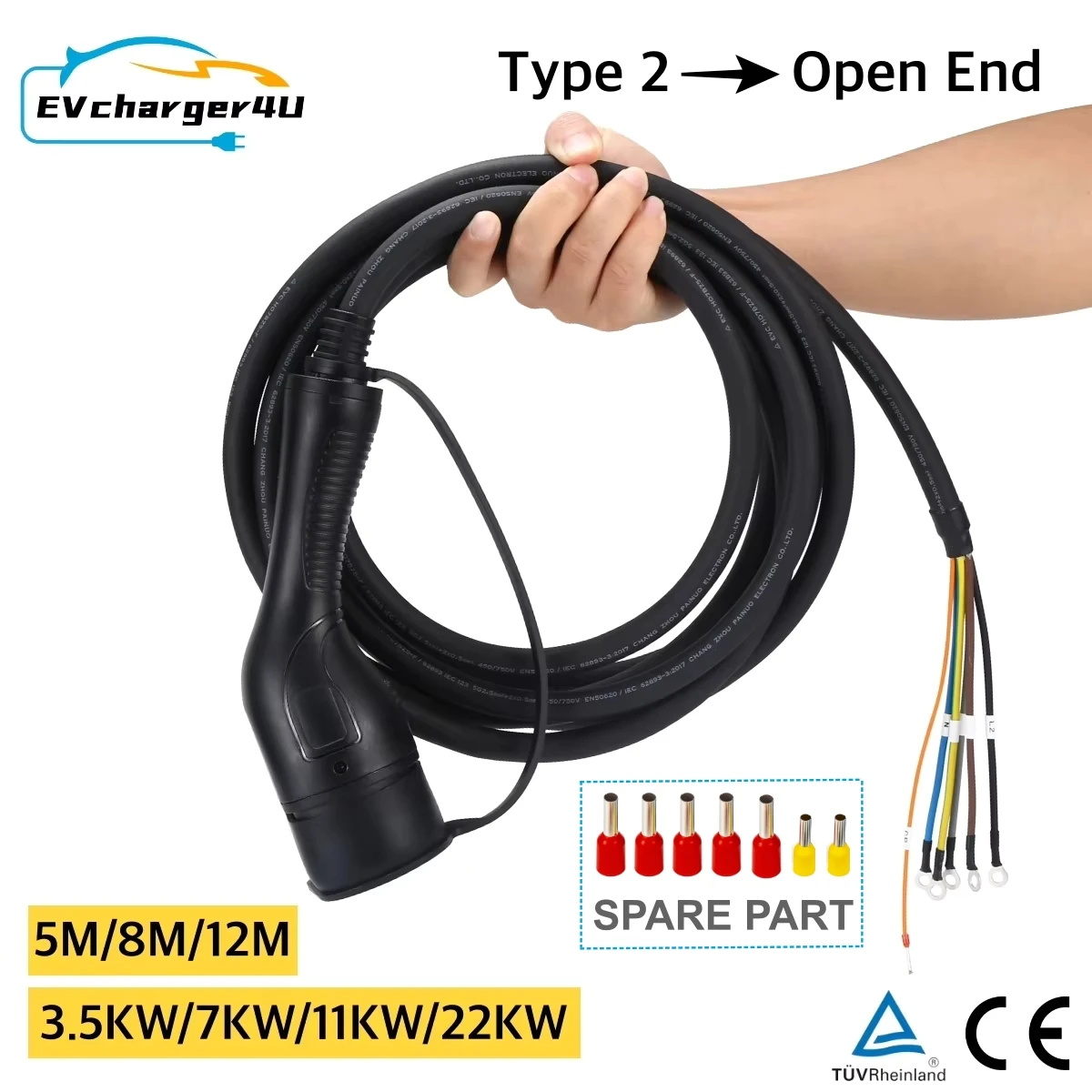 EVcharger4U 3.5KW 7KW 11KW 22KW IEC62196 EV Charging Cable Type 2 Female To Open Wire For Electric Vehicle Charger Station