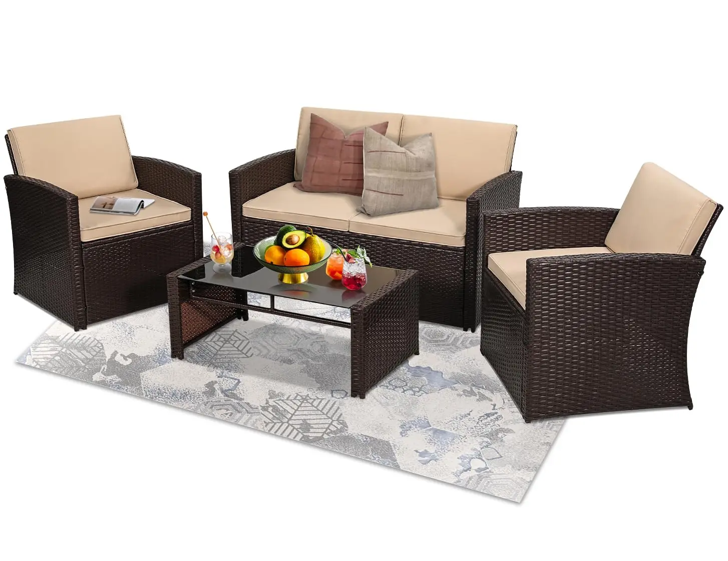 4 Piece Outdoor Wicker Patio Sofa Conversation Set, Customized