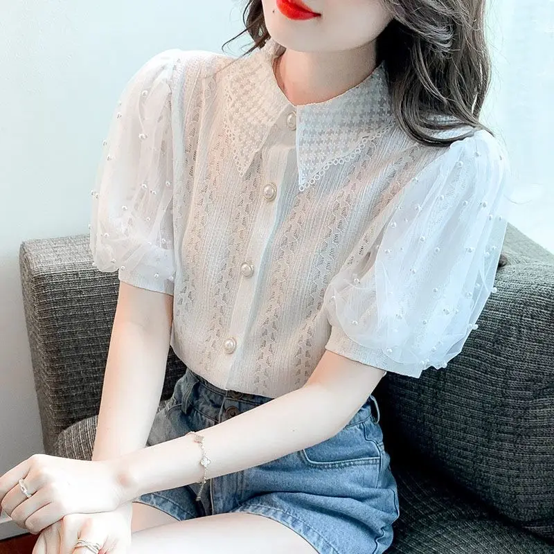 French Sle Retro Mesh Puff Sleeve Short Shirts Women Temperament Waist Hugging Frill Shirt Temperament Summer Sle Top A119