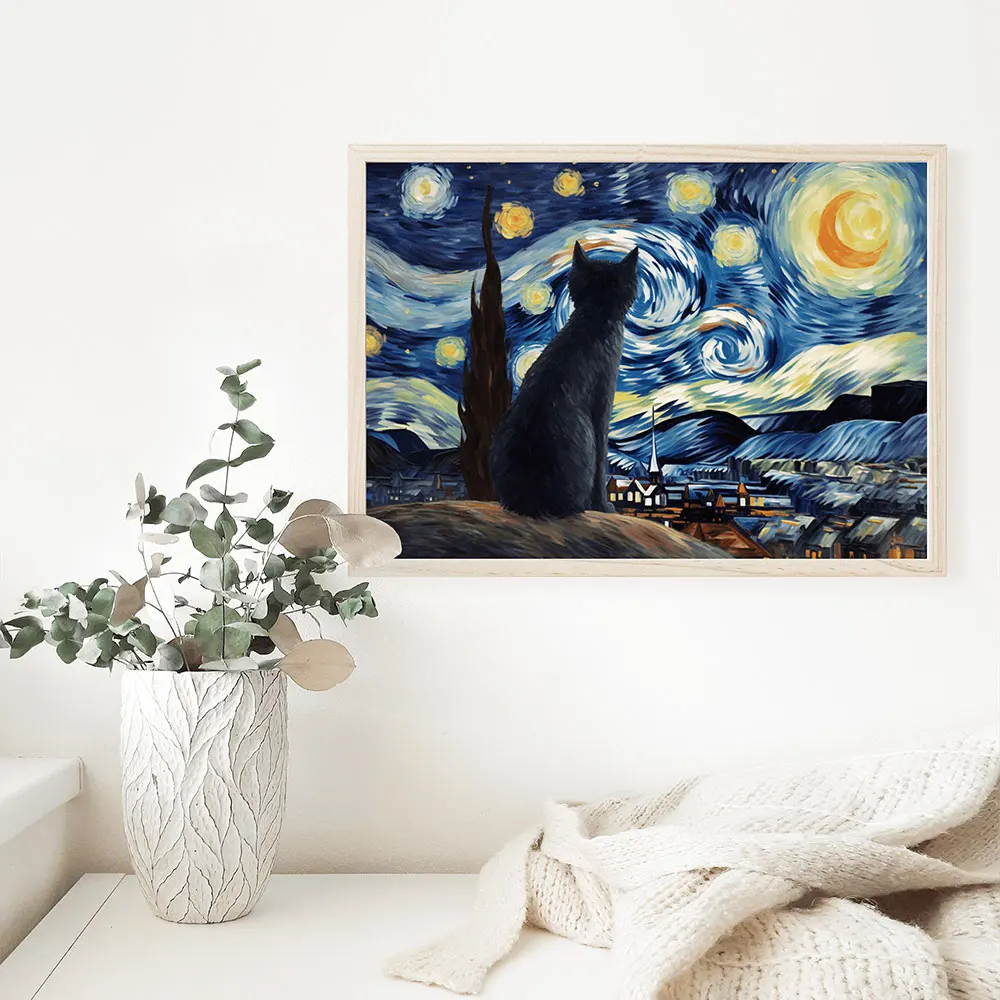 The Starry Night and Cat Poster Print Funny Van Gogh Remastered Artwork Animals Canvas Painting Wall Art Home Living Room Decor