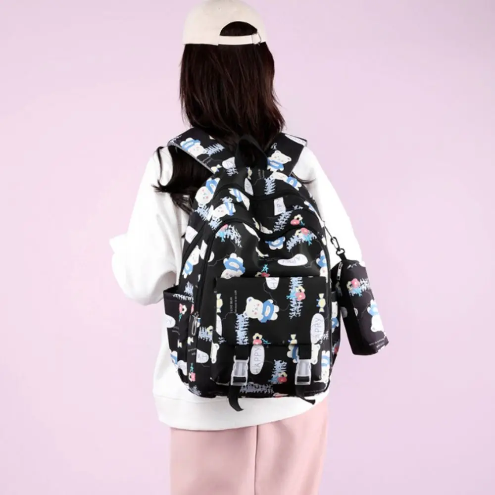 Oxford Large Capacity Backpack Solid Color with Pencil Case Korean Style School Bag Bear Printing Pattern Casual Knapsack Girls
