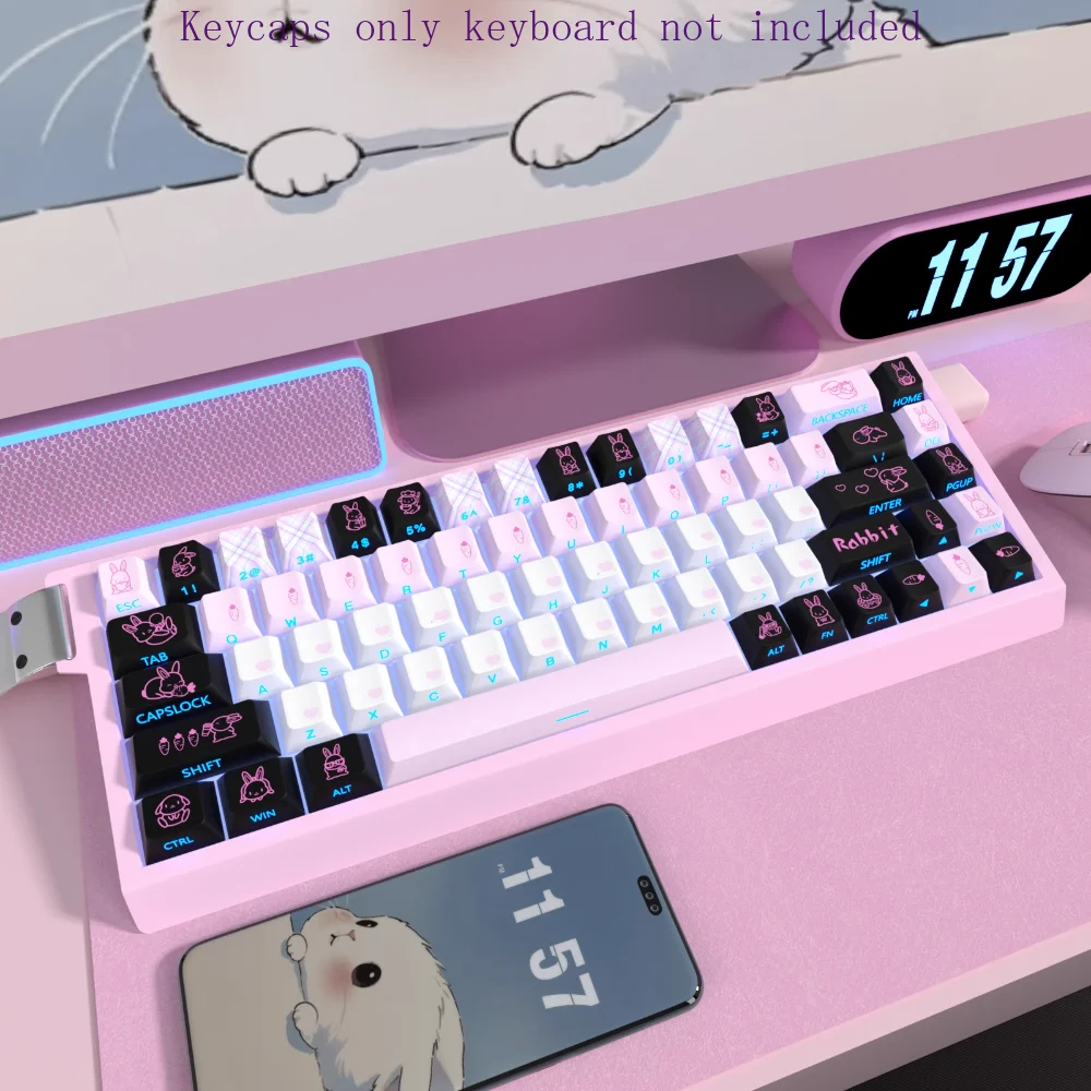 Cute Rabbit Binary Keycap Set PBT Cherry Side-engraved Translucent Adapted To MX Switch Magnetic Shaft Mechanical Keyboards.