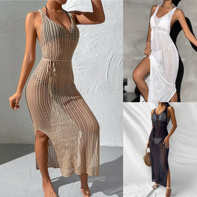 الصلبة الكروشيه تونك بيكيني Cover مثير الجوف خارج انظر من خلال فستان الشاطئ النساء ملابس الصيف ملابس الشاطئ بدلة السباحة التستر