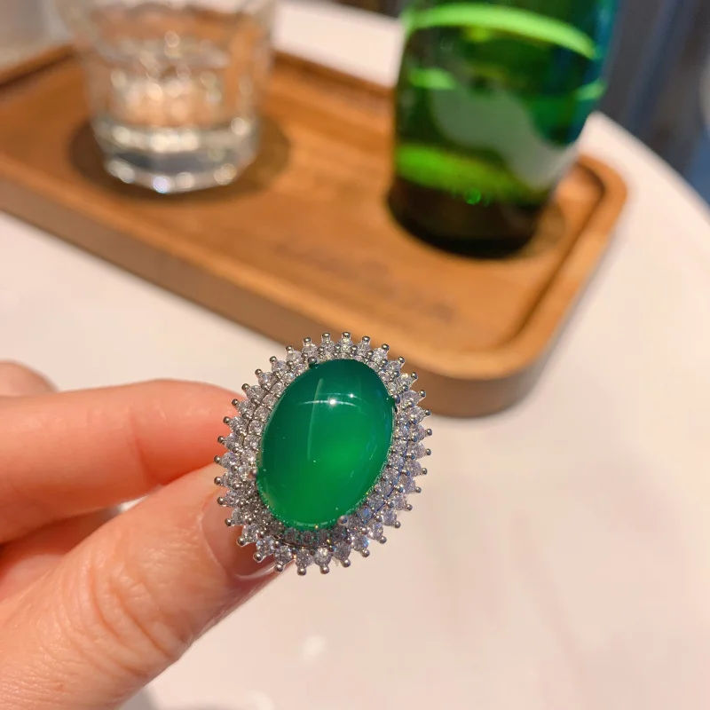 Jewelry Ice-like Fluorescent Denier-Shaped Chalcedony Hanging Ring Women's Elegant Birthday Gift Wholesale 13*18